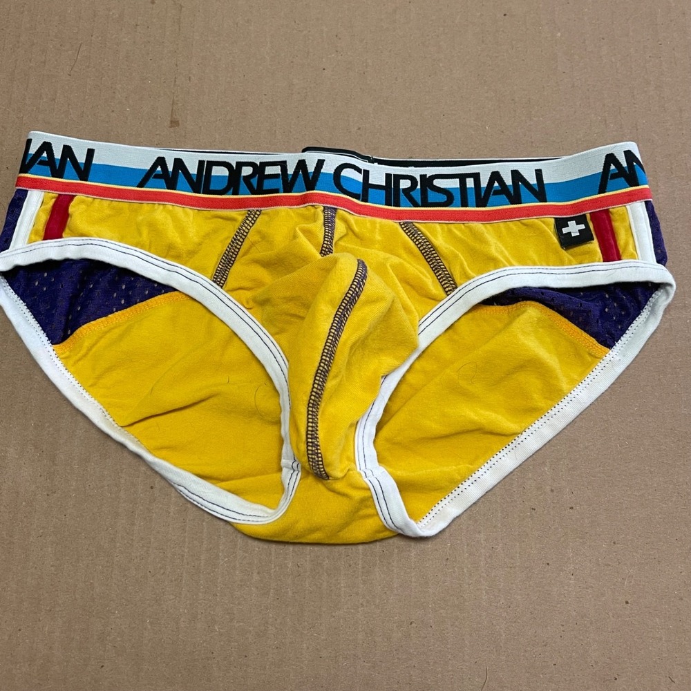 Andrew Christian Almost Naked Yellow Purple Mesh Mens Brief Size S NWOT